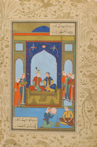 Foglio da un Yusuf u Zulaykha di Jami (m. 1492); verso: Potifar e Zulaykha in trono; recto: testo, Khurasan, Iran, c.1575 da Persian School